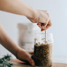 Person adding dried wormwood into a glass jar on a blurred background